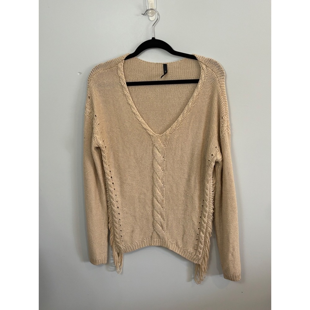 On Twelfth Knit Fringe Sweater Beige V Neck Casual Women's‎